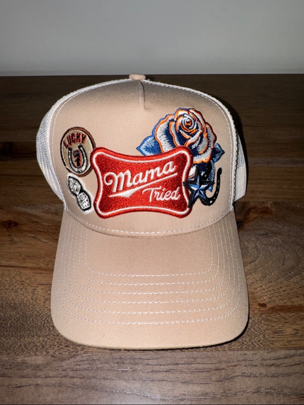 Idyllwind Peach Trucker Hat with Red "Mama Tried" Patch and Blue Rose